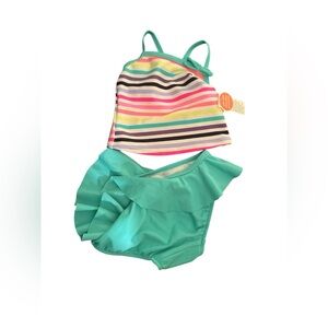 Carters new Two-Piece Teal Ruffle Swim Set with Multicolor Stripe Top